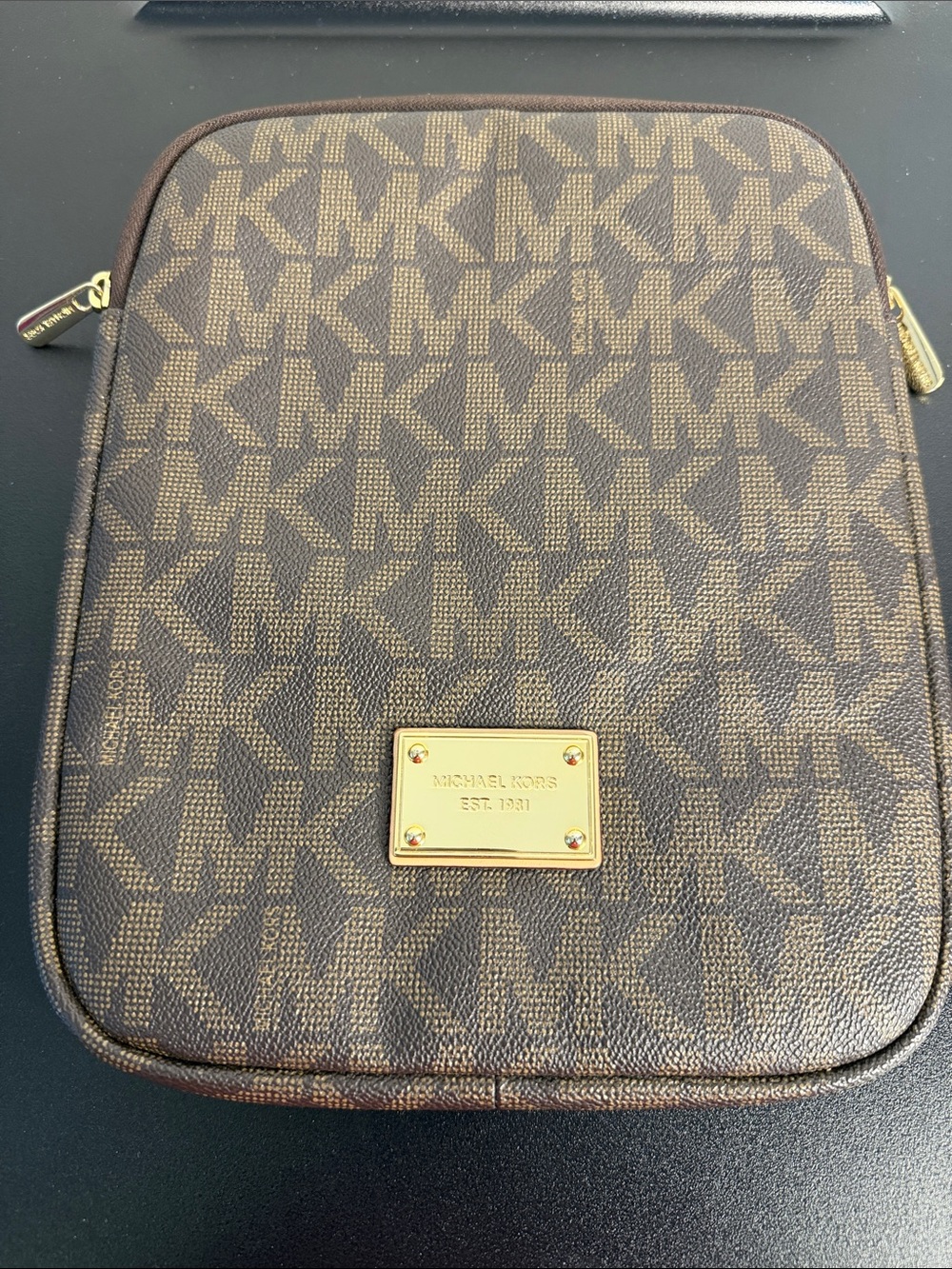 Michael Kors Brown MK Logo Tablet Case Pouch with Gold Plate